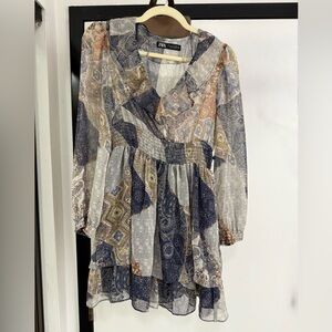 Zara Long Sleeve Patchwork Dress - Blue, Brown, Cream